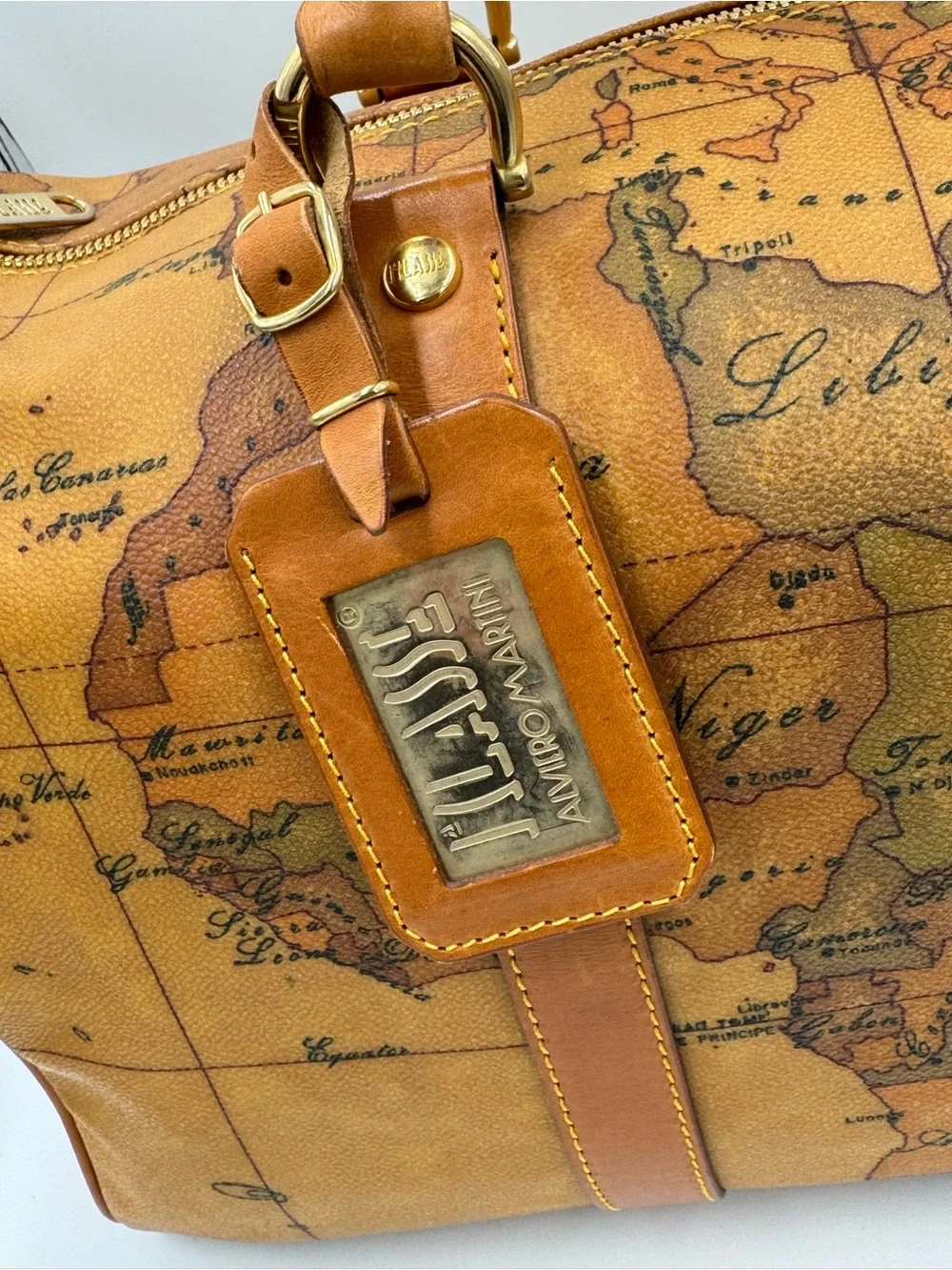 Alviero Martini Map-Print Leather Duffel Weekender w/ Luggage Tag & Lock 2 Keys